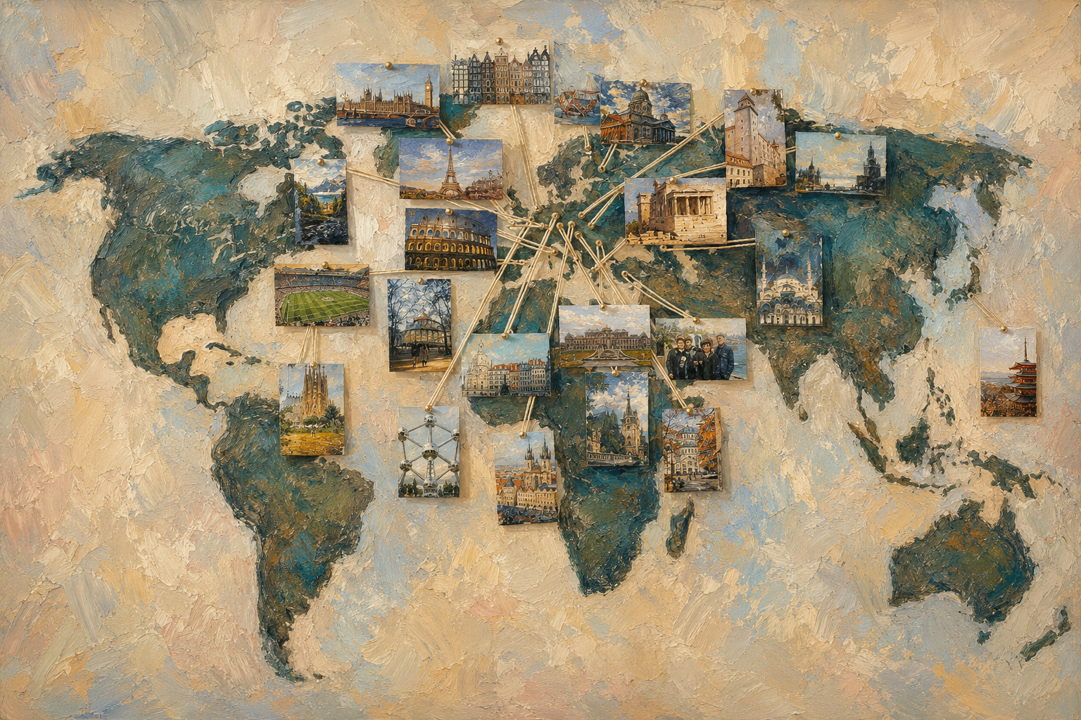 Painted world map with travel postcards